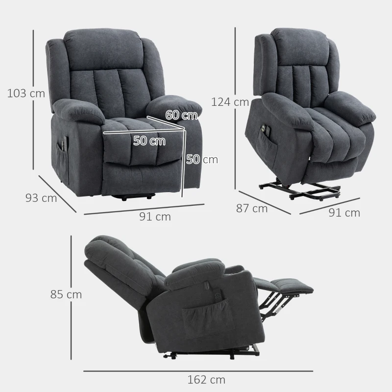 HOMCOM Power Lift Recliner Chair with Vibration Massage, Lift Chair for Elderly with Footrest, Remote, Side Pocket, Dark Grey