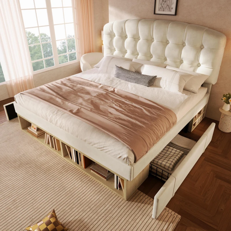 Cama estofada cama de casal 140x190 cm, ajustável em 3 alturas, cabeceira curva, sem colchão, 197x151x120 cm, Bege