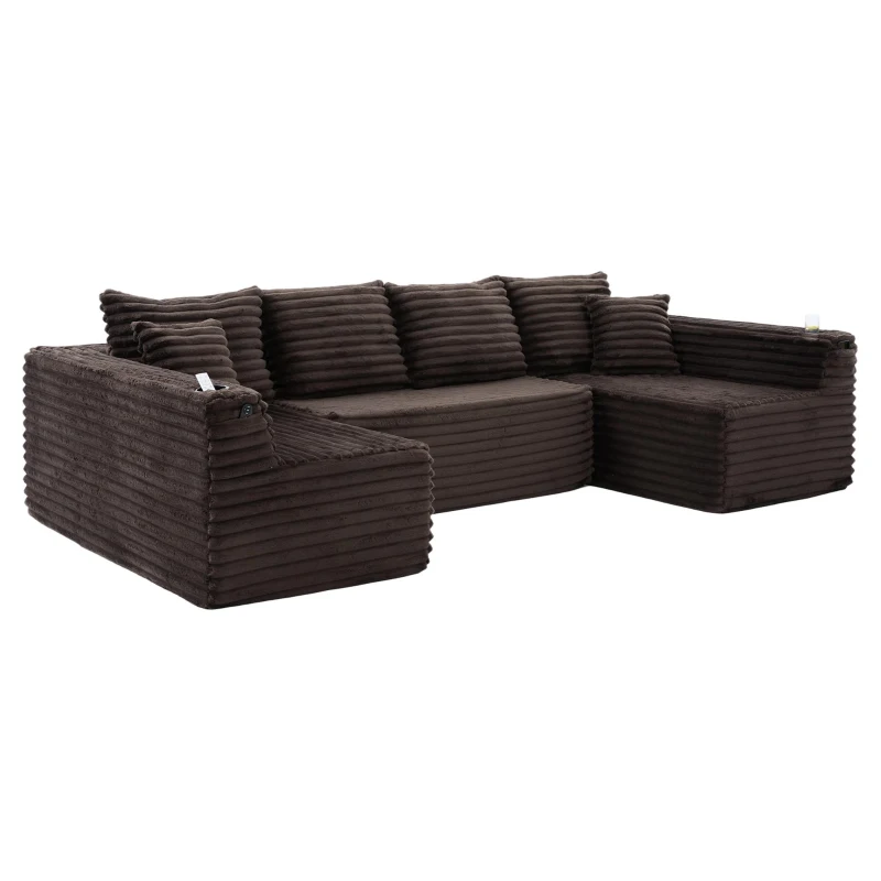 Divano a U in velluto a coste con portabicchieri integrato e tasca laterale, imbottitura a molle, 320x155x88 cm, Marrone