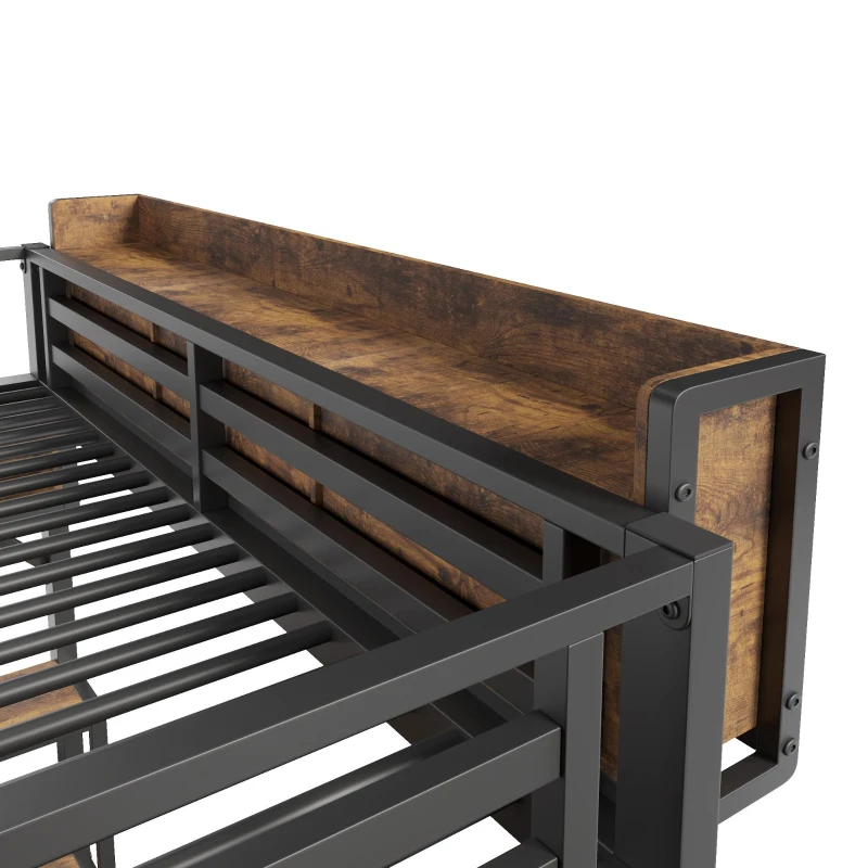 Cama alta 90x200 cm com secretária de canto, muito espaço de arrumação & placa perfurada, régua de tomadas integrada, 255x114x182 cm, Castanho+Preto