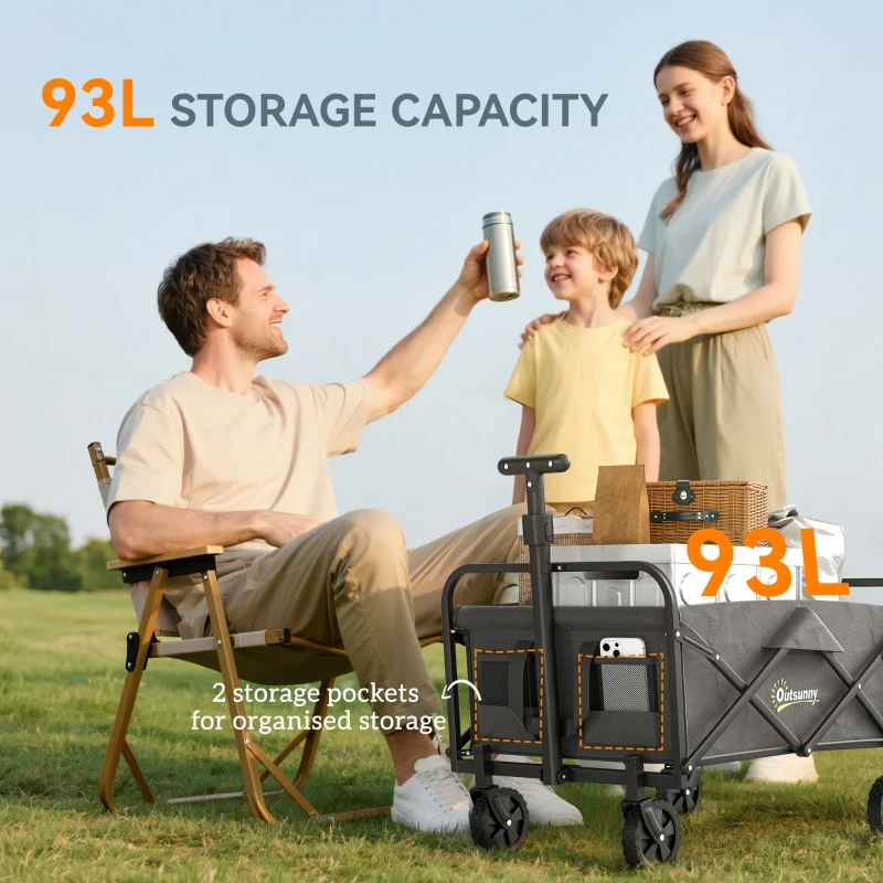 Outsunny 93L Festival Trolley on Wheels, Garden Folding Trolley Cart, 120kg Heavy Duty Collapsible Folding Wagon with Adjustable Handle and Carrying Bag for Beach, Camping, Festival, Grey