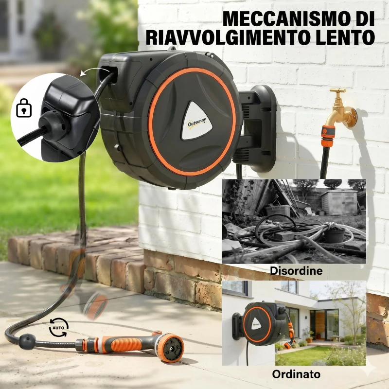 Outsunny Avvolgitubo Retrattile 28+2m con Riavvolgimento Automatico e Sistema di Bloccaggio