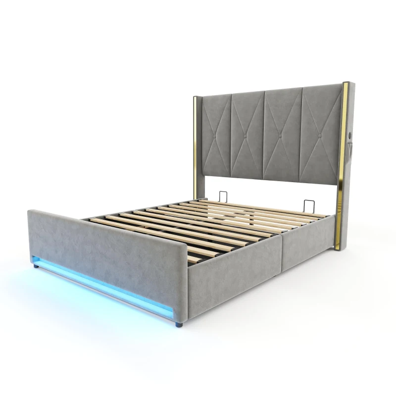 Letto singolo vellutato con testiera imbottita e trapuntata e tasche laterali, 100x213x141 cm, Grigio scuro