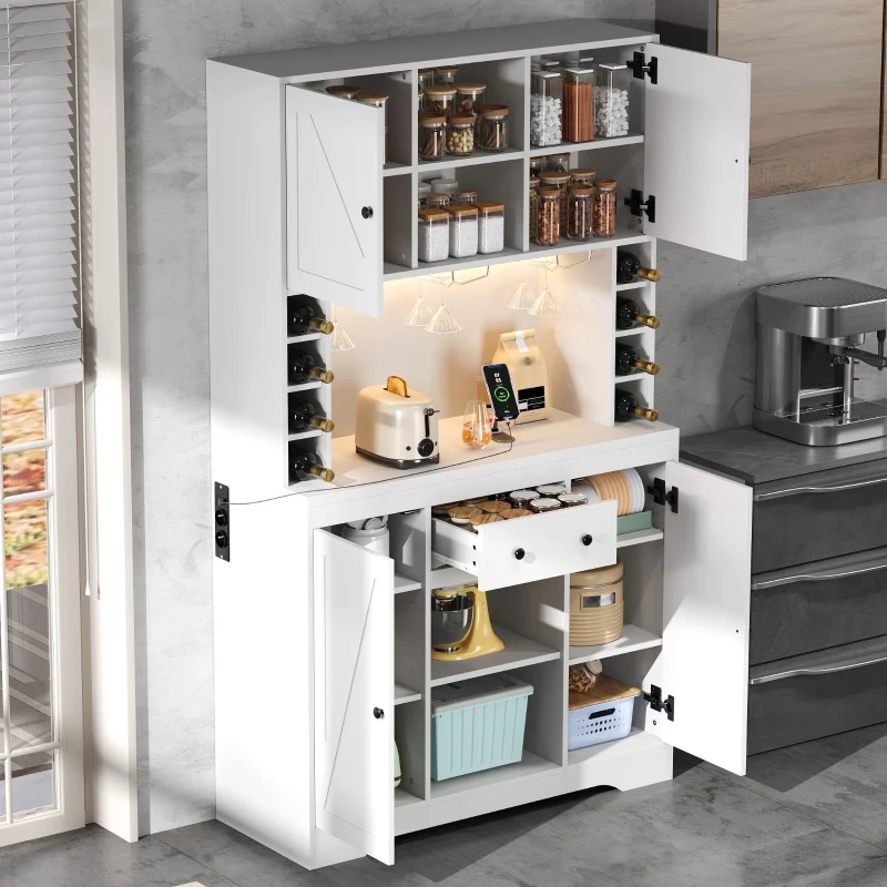 Dispensa da cucina con piano multiuso, ripiani regolabili, ganci in acciaio inox e cantinetta vini, 105x40x180 cm, Bianco
