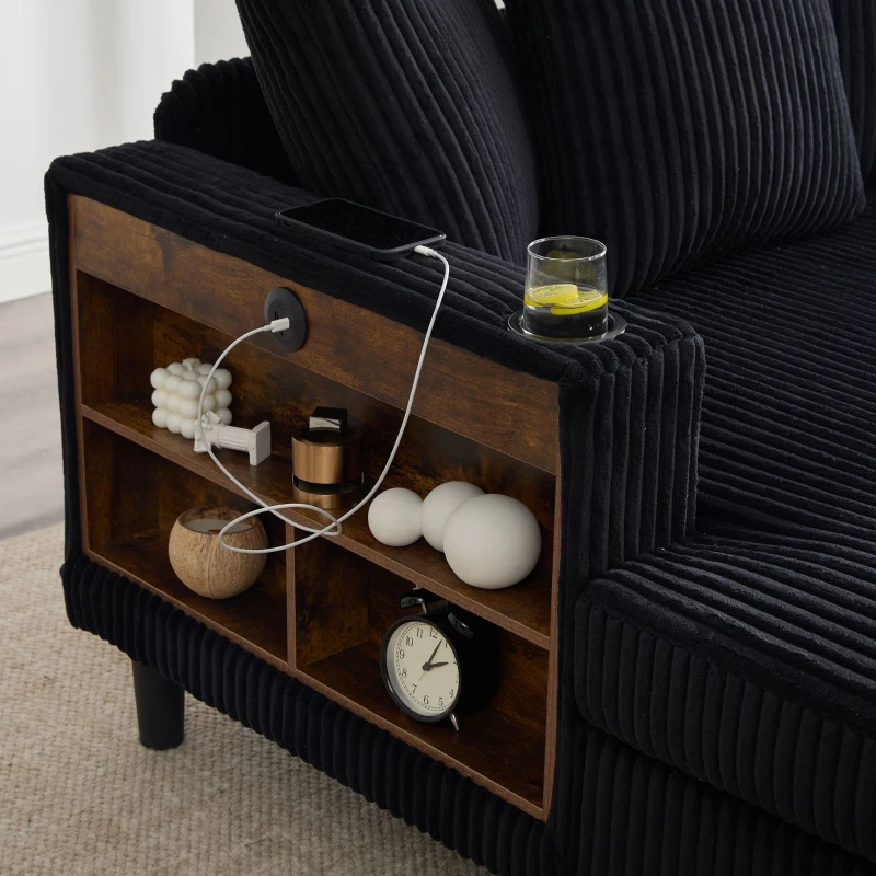 Divano letto con portabicchieri su entrambi i lati e bracciolo pieghevole, 129x170x70 cm, Nero