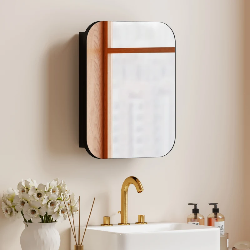 HOMCOM Armadietto con Specchio Contenitore a 2 Ripiani Regolabili, in Legno e Vetro, 40.2x10.2x50.9 cm, Nero
