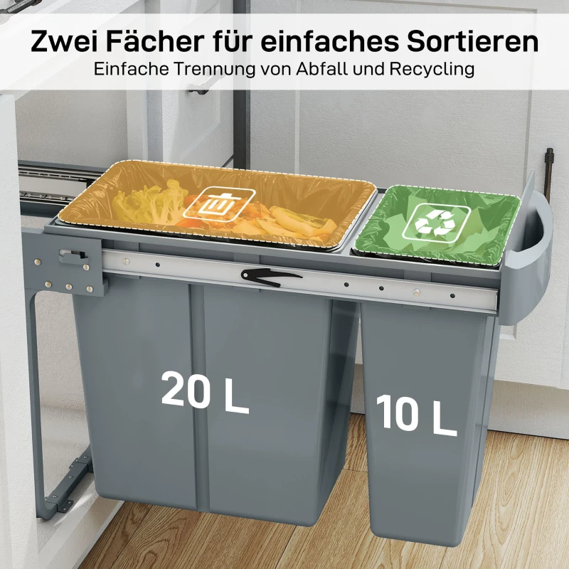 HOMCOM Uittrekbare prullenbak, keukenafvalbak met 2 uitneembare emmers, handvat, 30 liter (20 L+10 L), metaal, grijs