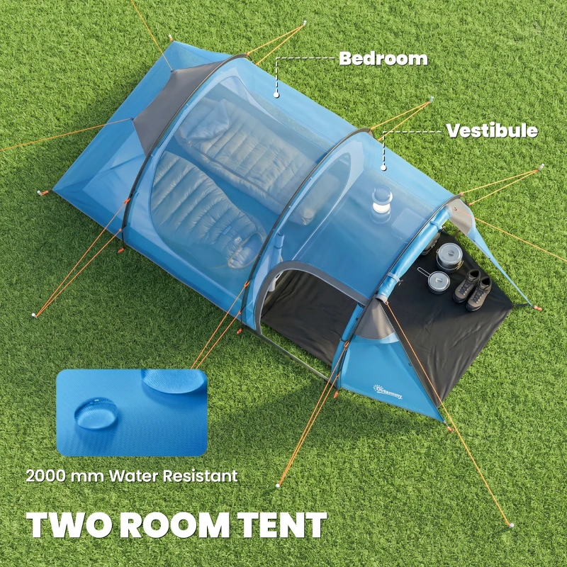 Outsunny 2 Man Tunnel Tent with Sewn-in Groundsheet, Air Vents, Rainfly, 2000mm Large Camping Tent with Bedroom, Porch, Living Area for Camping, Hiking, 426L x 206W x 154H cm, Sky Blue