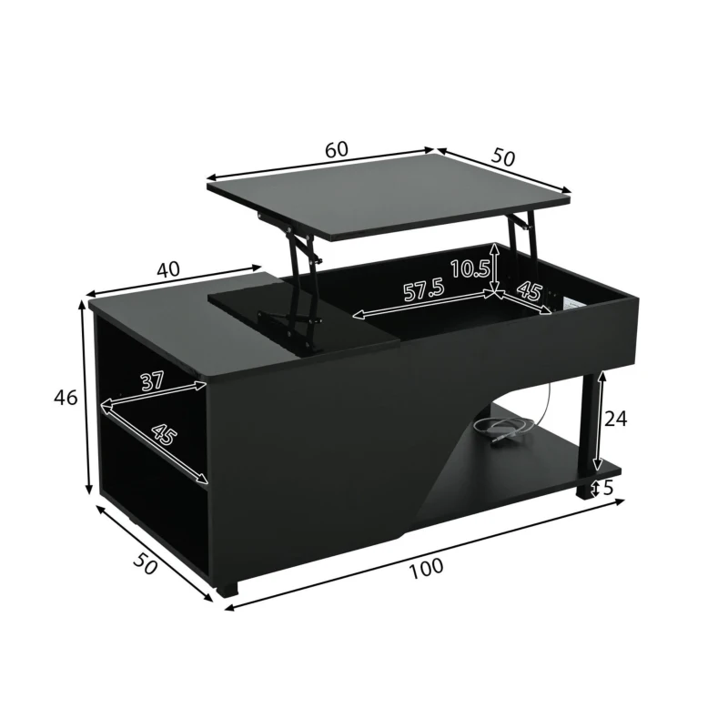 Tavolino da salotto regolabile in altezza con vano portaoggetti nascosto, scomparti laterali regolabili, 50x100x46 cm, Nero