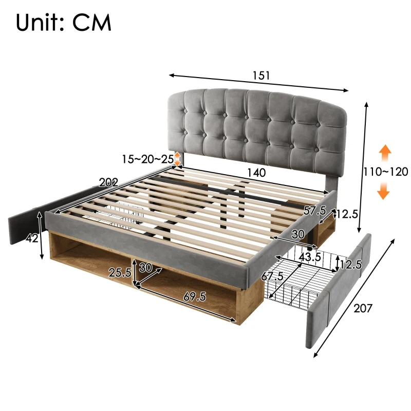 Cama de casal 140x200 estofada com estrado de ripas, cabeceira curva regulável em 3 alturas, sem colchão, 207x151x120 cm, Cinzento