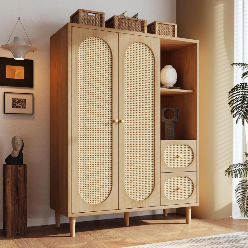 Guarda-roupa estilo rústico, 2 portas, 2 gavetas & prateleiras abertas para muito espaço de arrumação, 120x44x161 cm, Cor natural