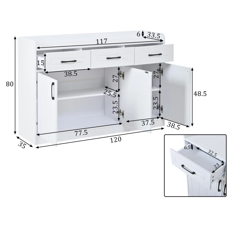 Aparador com muito espaço de arrumação, 3 gavetas e 3 portas com prateleiras ajustáveis, frente das portas com riscas, 120x35x80 cm, Branco