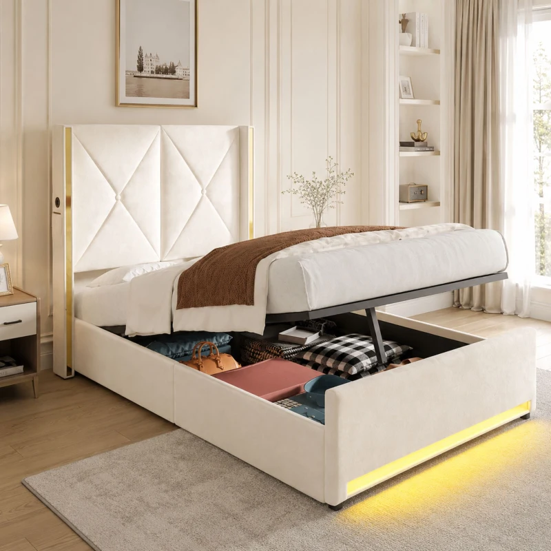Cama em veludo com cabeceira estofada e matelassada, bolsos laterais, 100x213x141 cm, Bege
