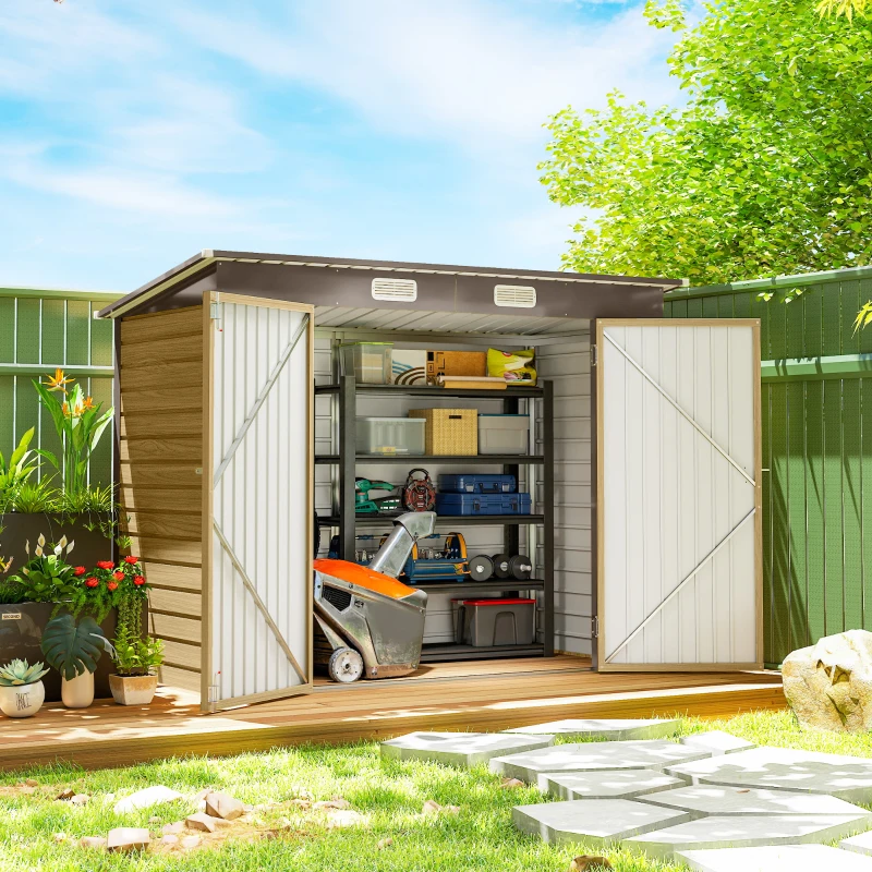 Outsunny Abri de Jardin en Métal 3 m² Facile à Monter, Cabane de Jardin Structure en Acier Galvanisé Améliorée, Chêne