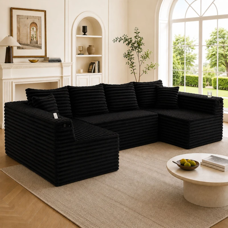 Sofá em U de veludo cotelê, com porta-copos integrado e bolso lateral, estofamento com molas, 320x155x88 cm, Preto