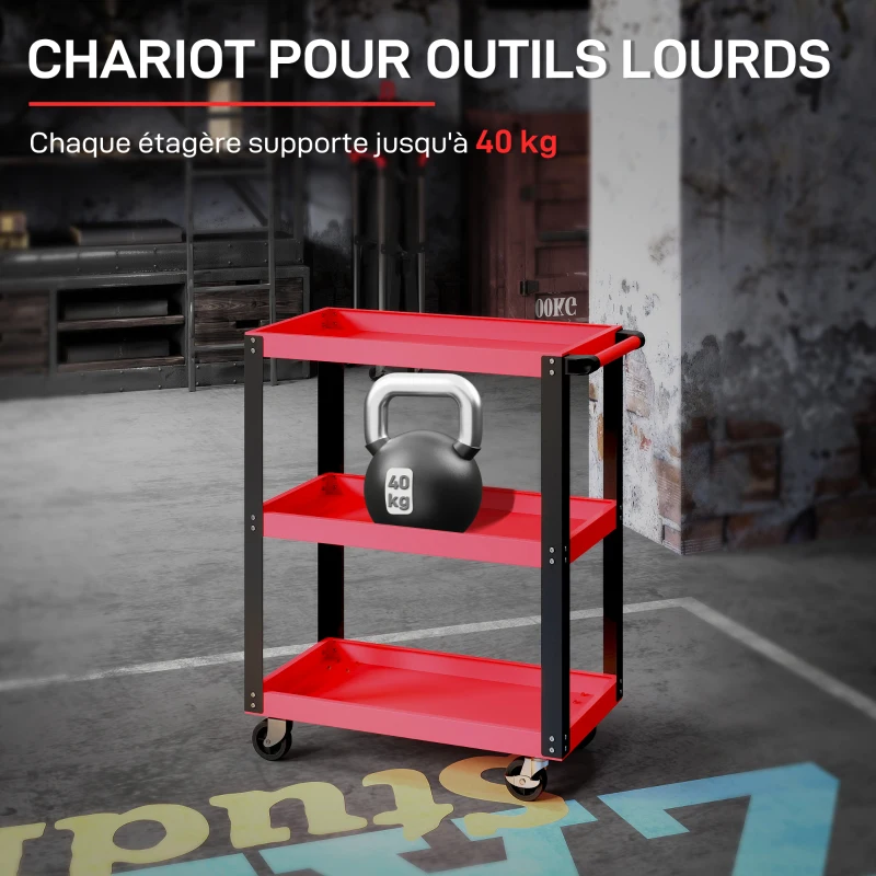 HOMCOM Chariot d'atelier servante atelier à 3 niveaux, poignée latérale et roulettes verrouillables, 70,5x35x82,5cm, rouge