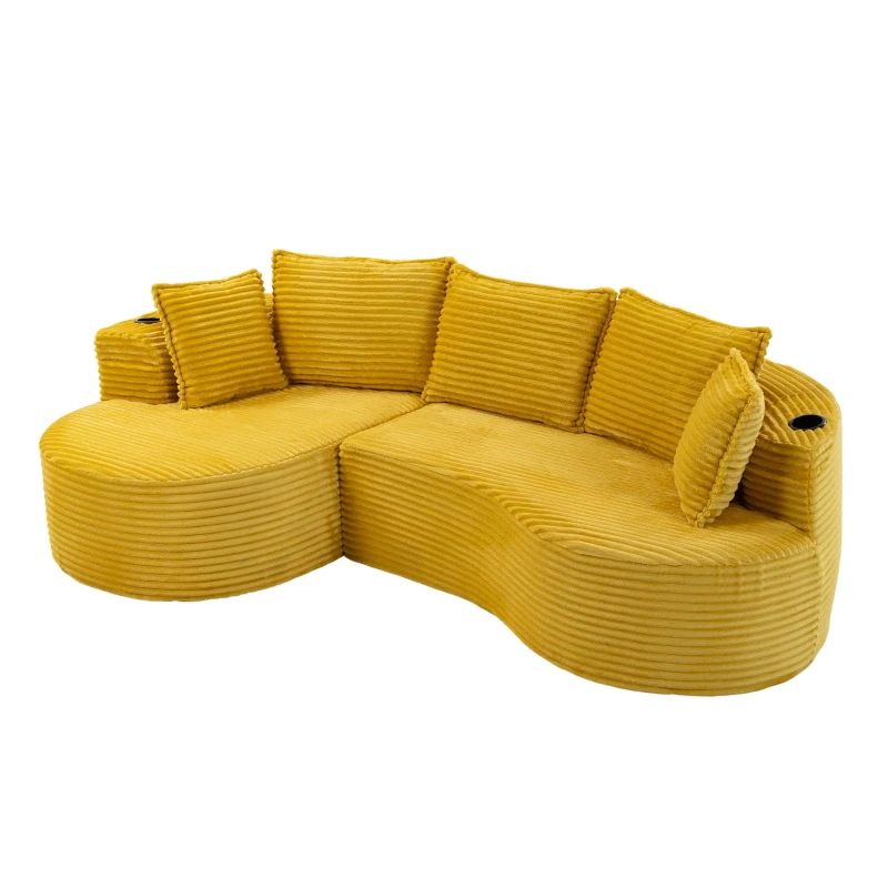 Bogesofa imbottito con portabicchieri su entrambi i lati, cuscini e tasca laterale, 250x152x82 cm, Giallo