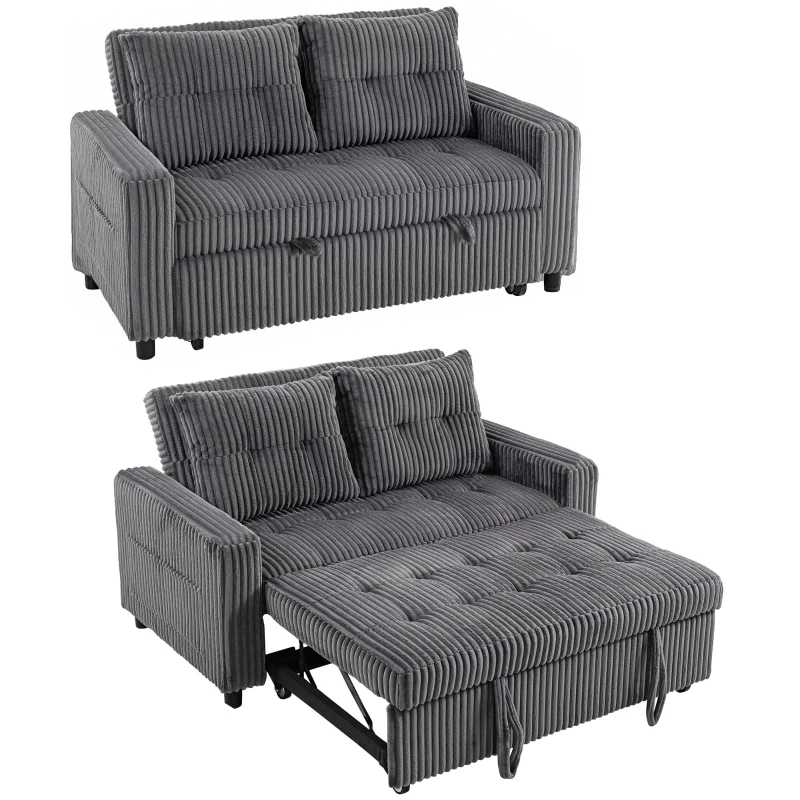 HOMCOM 2-zits slaapbank, ribfluwelen bekleding, om te vormen tot bed, 2 kussens, zijvakken, 157 x 190 cm, donkergrijs