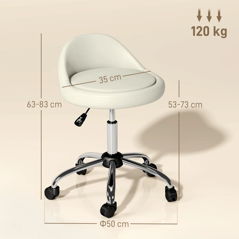 HOMCOM Tabouret à roulettes tabouret de travail pivotant 360° hauteur réglable 53-73 cm revêtement synthétique blanc