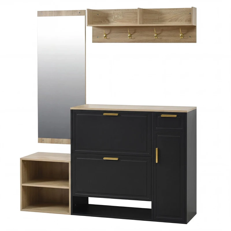 Set guardaroba 4 pezzi, set completo di mobili per ingresso con scarpiera, panca, appendiabiti da parete e specchio, 130x30x174 cm, Nero