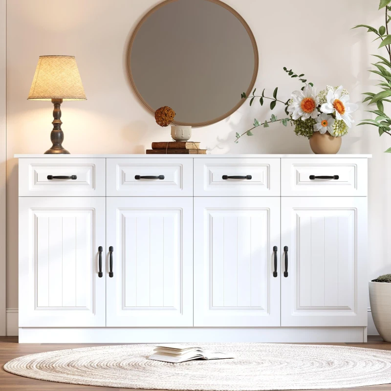 Aparador com 4 gavetas e 4 portas, muito espaço de arrumação e ampla superfície de trabalho, 4 prateleiras, 160x35x80 cm, Branco