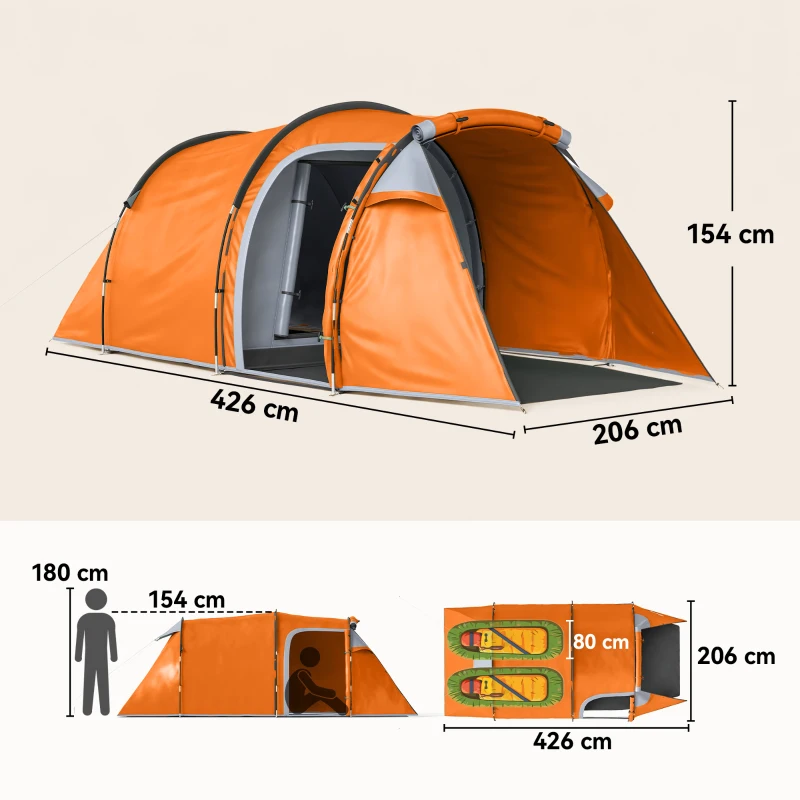 Outsunny 2 Man Tunnel Tent with Sewn-in Groundsheet, Air Vents, Rainfly, 2000mm Large Camping Tent with Bedroom, Porch, Living Area for Camping, Hiking, 426L x 206W x 154H cm, Orange