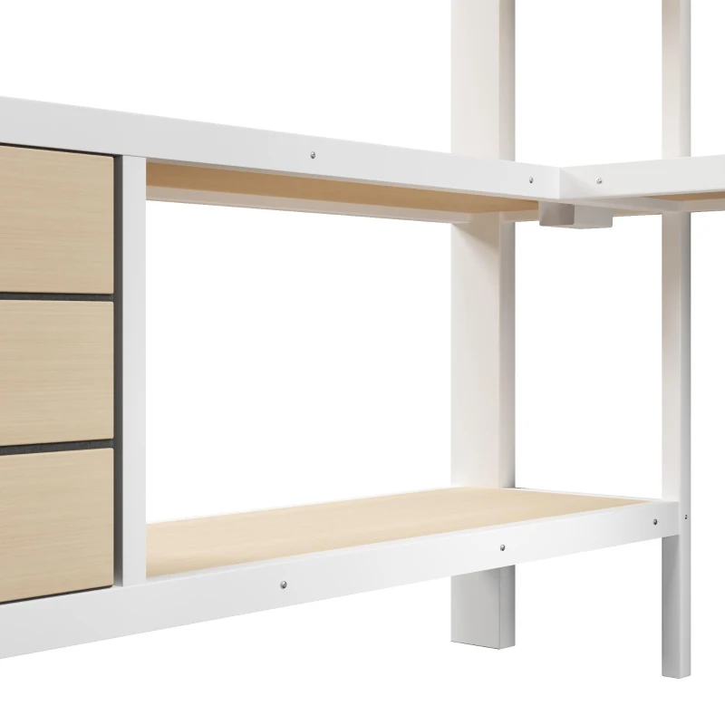 Cama alta 140 x 200 cm, prateleira integrada e 3 gavetas, sem colchão, 251x146x170 cm, Branco