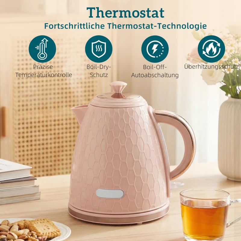 HOMCOM Waterkoker- en Toaster-Set, 1,7L 2200W Snelkook-Waterkoker met Automatische Uitschakeling en 2-Sneetjes Toaster met Kruimellade, Roze