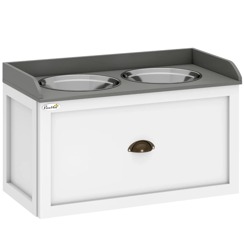 PawHut Gamelle double chien chat - porte-gamelles surélevé rangement 2 en 1 - tiroir, 2 gamelles - acier inox. MDF blanc gris