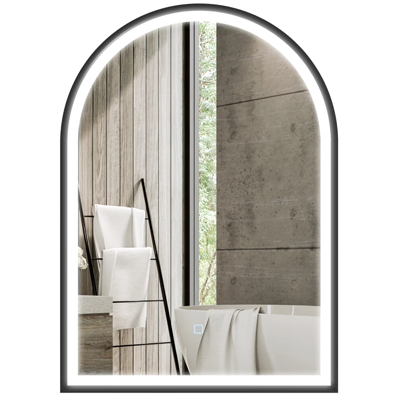 HOMCOM Miroir salle de bain avec éclairage 50 x 70 cm, miroir LED arqué, anti-buée, 3 couleurs lumière, dimmable, mémoire, noir
