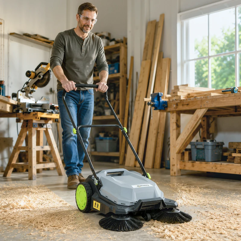 Outsunny ehrmaschine manuell mit 68 cm Kehrbreite, 24 L Schmutzbehälter, Höhenverstellbar klappbar Griff 3-Bürsten-Kehrsystem