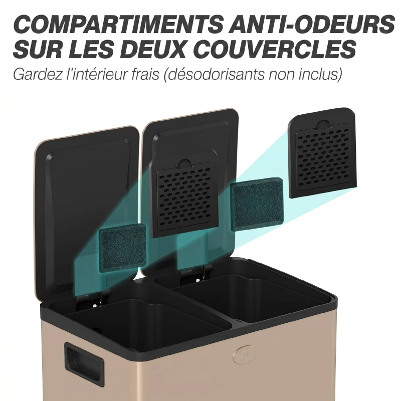 HOMCOM Poubelle de cuisine 2 compartiments de 2 x 28L, acier inoxydable, couvercle à fermeture douce, 45,8x36x67,6cm, or