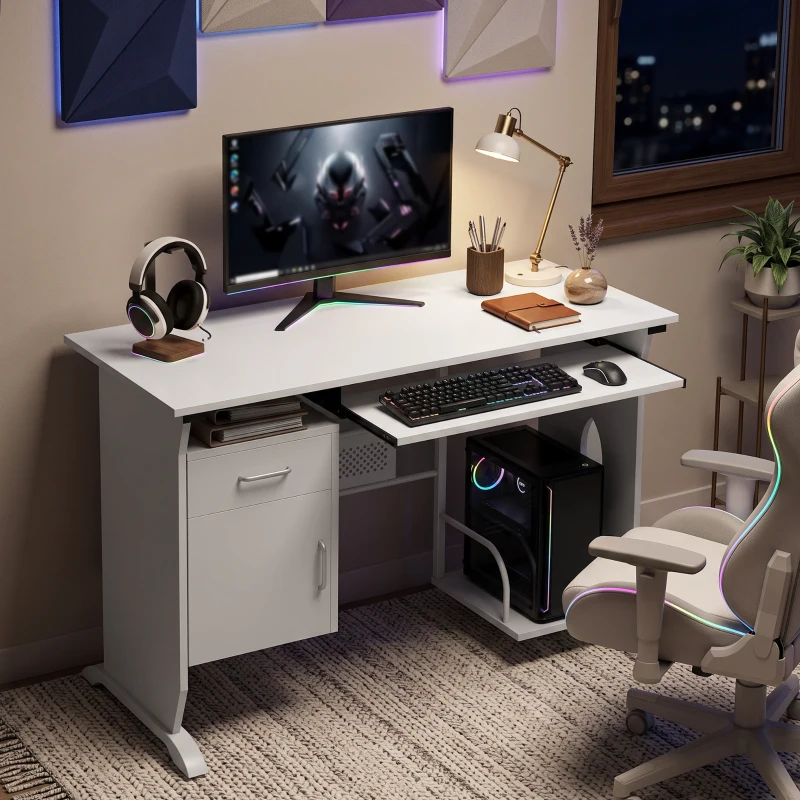 HOMCOM Escritorio para ordenador, 100 x 52 x 75 cm, bandeja deslizante para teclado, cajones y soporte para unidad central, blanco