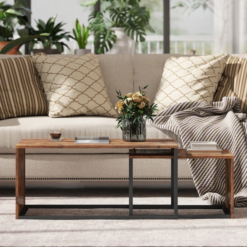 HOMCOM Set van 2 Salontafels, Sofatafel, Bijzettafel, MDF, Metaal, 90 x 48 x 42 cm / 59 x 42 x 36 cm, Zwart+Bruin