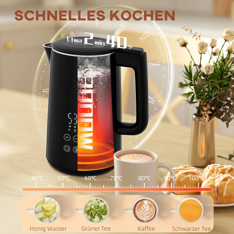 HOMCOM Keukenset met Waterkoker en Broodrooster, 7 Bruiningsstanden, Snelkoken, Roestvrij Staal, Kunststof, Zwart