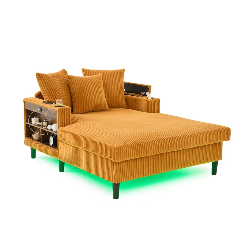 Divano letto con portabicchieri su entrambi i lati e bracciolo pieghevole, 129x170x70 cm, giallo senape