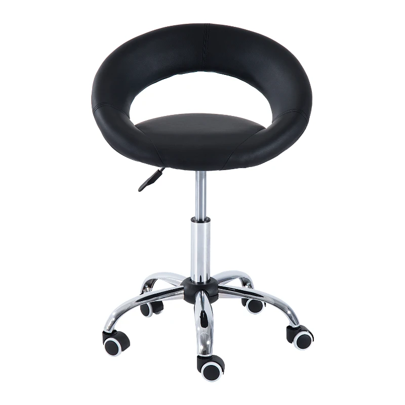 HOMCOM Salon Stool, Rolling Stool with Adjustable Height, Breathable Open Back, Padded Cushion and 5 Wheels, Black