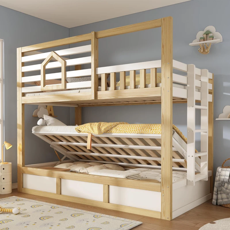 Letto a castello per bambini in stile casetta con 2 materassi 90x200 cm, 210x102x184 cm, color legno