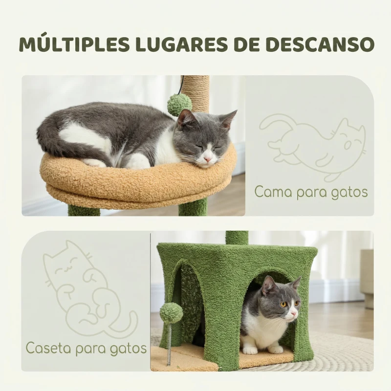 PawHut Árbol Rascador para Gatos 98 cm con Hojas Artificiales Cueva Cama Postes Rascadores 2 Bolas Cubierto Terciopelo Verde