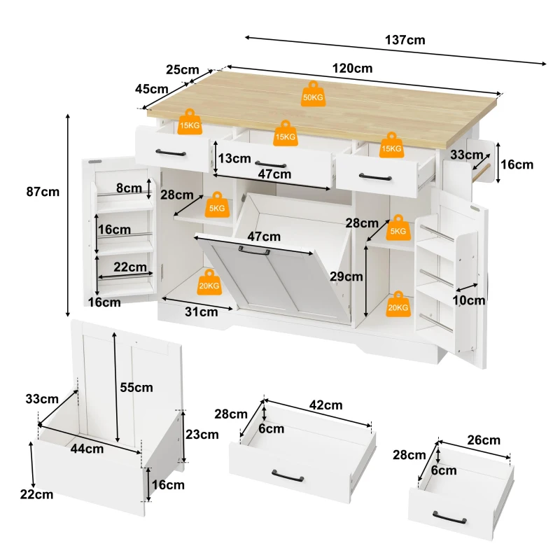 Ilha de cozinha móvel com tampo rebatível, rodízios com travão 360°, para 2–4 pessoas, 120x70x87 cm, Branco