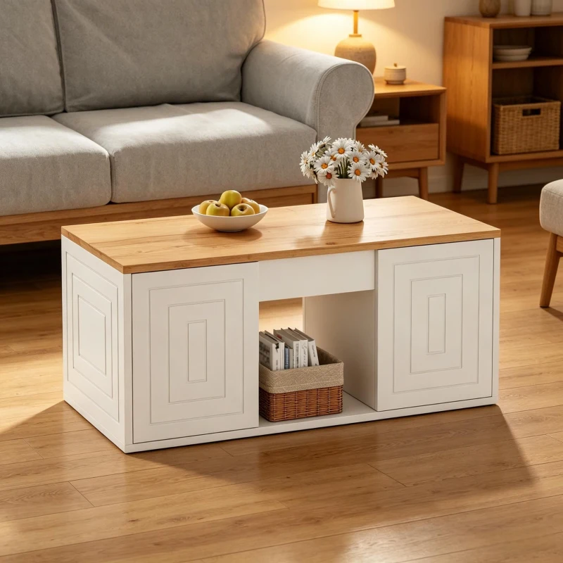 Table basse de salon relevable, deux portes de rangement et larges bords arrondis, 46x95x45 cm, Blanc