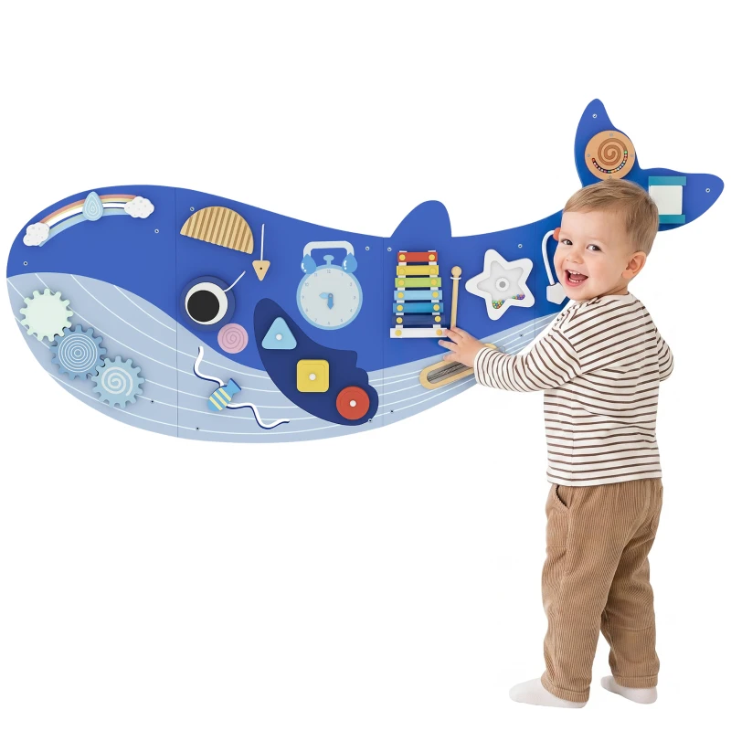 AIYAPLAY Montessori Motoriekbord 13-in-1 van Hout in Walvorm - Busy Board met Xylofoon, Klok en Tandwielen