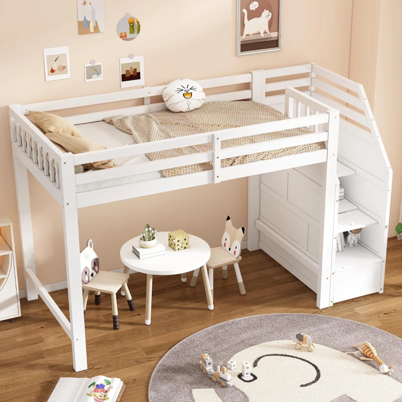 Cama alta 90x200cm con somier de lamas, barandilla de seguridad perimetral con espacio de almacenamiento integrado, sin colchón, 256x98,5x147 cm, Blanco