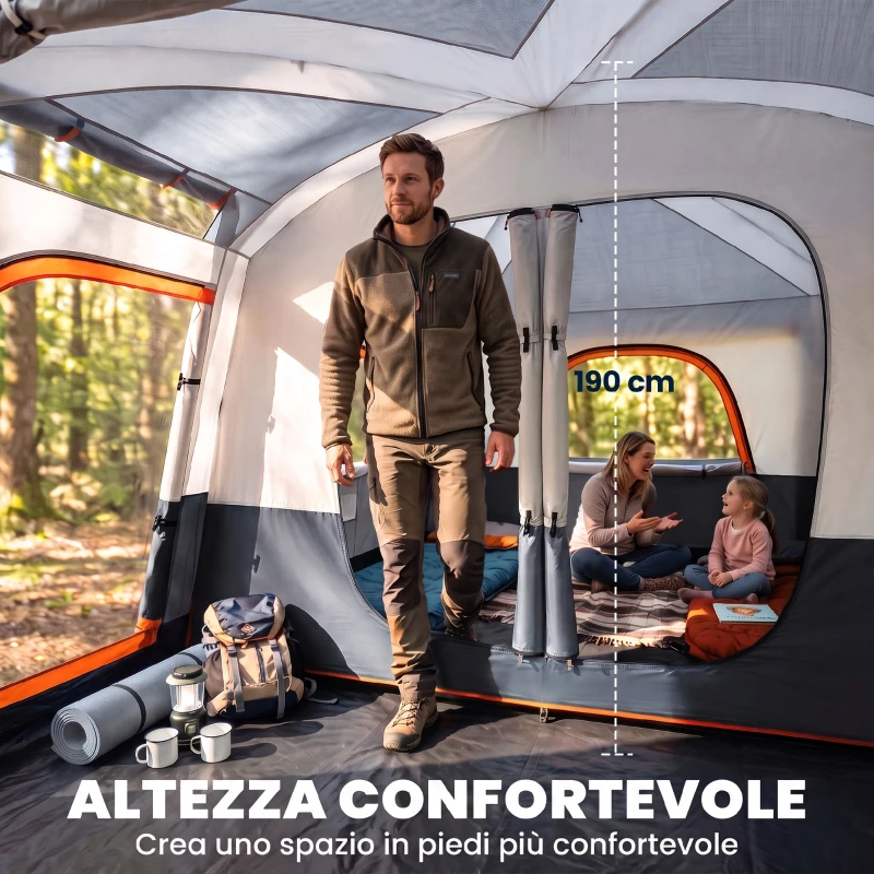 Outsunny Tenda da Campeggio per 4 Persone con 2 Stanze e Veranda, Impermeabile e UPF 30+, Borsa di Trasporto, Grigio