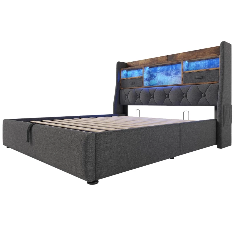Letto matrimoniale contenitore 140x190 cm con leva idraulica, testiera LED e 4 porte di ricarica, 208x152.5x116 cm, Grigio