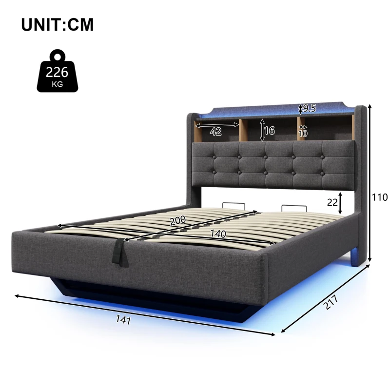 Cama estofada 140 × 200 cm, iluminação LED, design flutuante, sem colchão, 217x141x110 cm, Cinzento