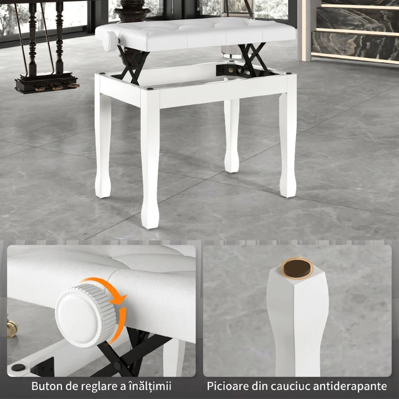 HOMCOM Banchetă de pian, banchetă pentru claviatură cu înălțime reglabilă din lemn masiv, șezut căptușit, 64 x 35 x 45-55 cm, alb