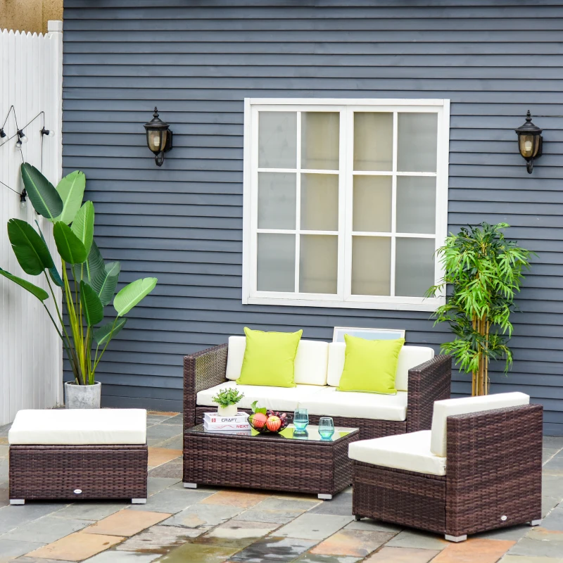 Outsunny 5pcs Rattan L-Shaped Corner Couch Sofas with Coffee Table Adjustable Feet Water-resistant Polyester Cloth Brown
