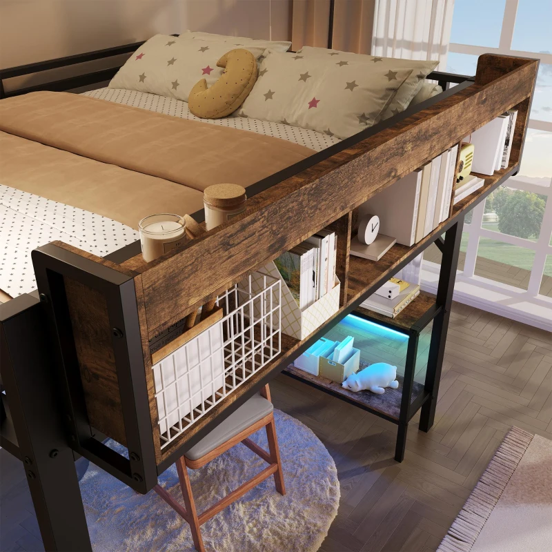 Cama alta 90x200 cm com secretária de canto, muito espaço de arrumação & placa perfurada, régua de tomadas integrada, 255x114x182 cm, Castanho+Preto