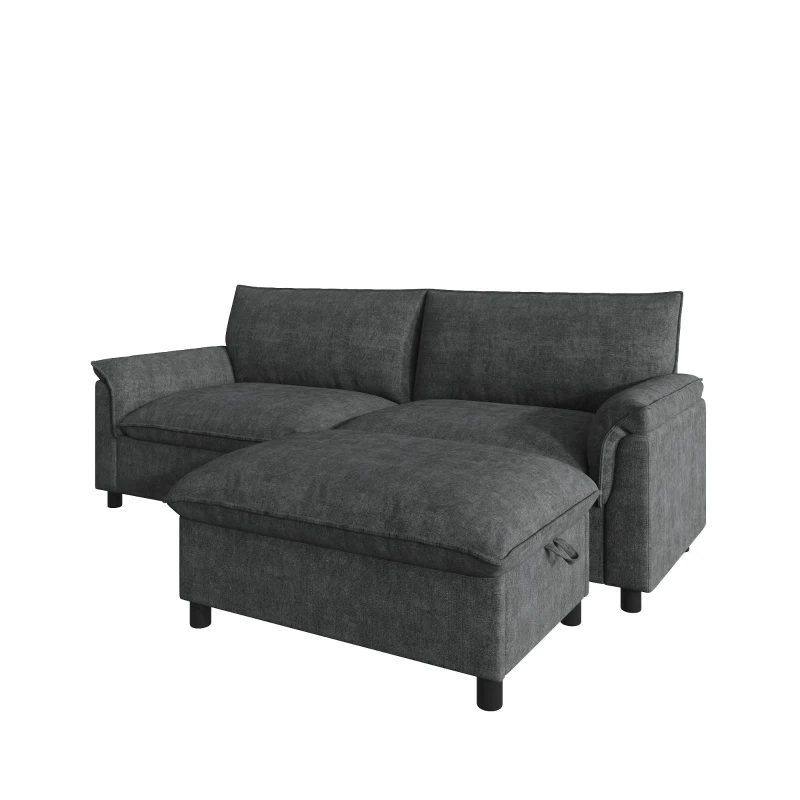 Divano angolare modulare con pouf poggiapiedi flessibile e vano portaoggetti nascosto, 216x77x82 cm, Nero
